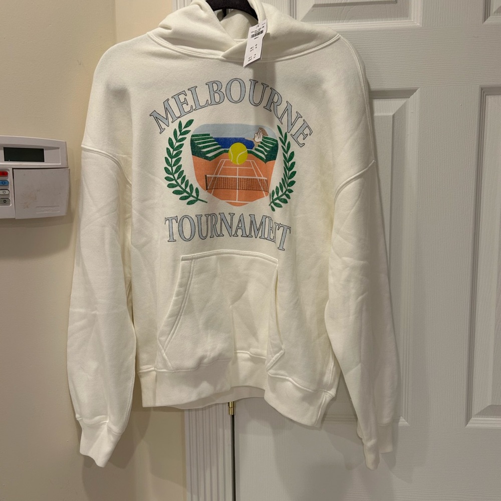 Unisex Retro Tennis Graphic Popover Hoodie size S oversized Melbourne with tags